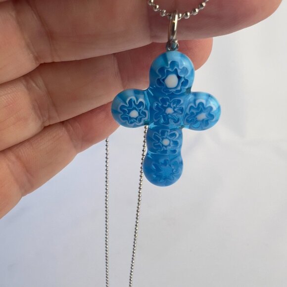 New, Murano Glass Cross Religious Pendant on Silver Chain Necklace 18” Blue - Picture 1 of 6